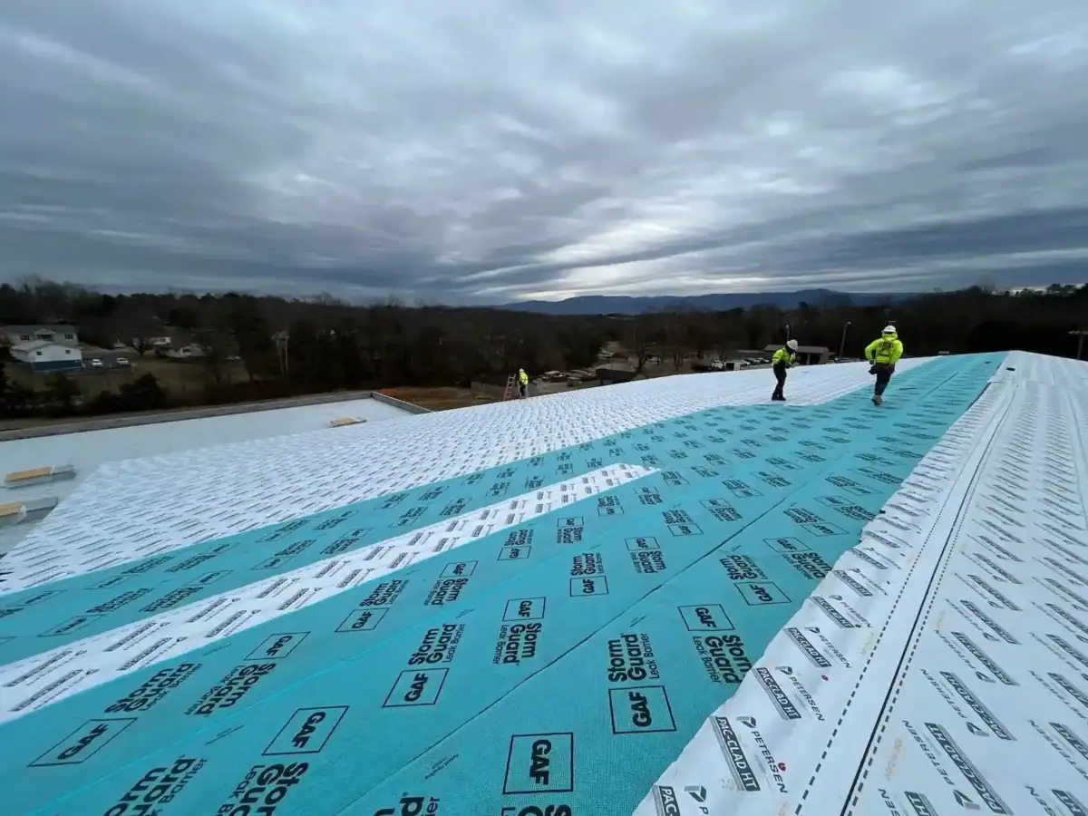 tectum-roof-deck-installers Tectum roof deck installers at a commercial roofing project job site
